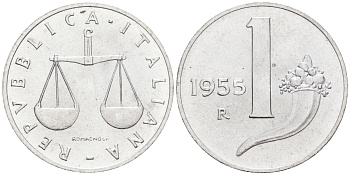 Италия 1 лира 1955 R, весы KM 91 алюминий  UNC  4594-641
