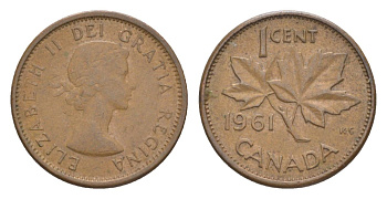 Канада 1 цент 1961 Елизавета II (1952-2022), кленовый лист KM 49 бронза 4630-537
