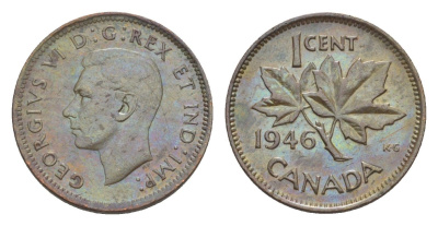 Канада 1 цент 1946 Георг VI (1936-1952), кленовый лист KM 32 бронза 4639-261