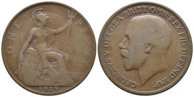 Великобритания 1 пенни 1919 Георг V (1910-1936) KM 810, Spink 4051 бронза 4364-4232