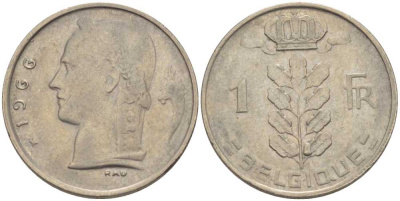 БЕЛЬГИЯ 1 ФРАНК 1966 BELGIQUE, БОДУЭН I (1951-1993) KM 142.1 медно-никель 202-1026