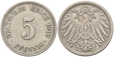 Германия 5 пфеннигов 1910 A KM 11, J. 12 медно-никель 4151-518