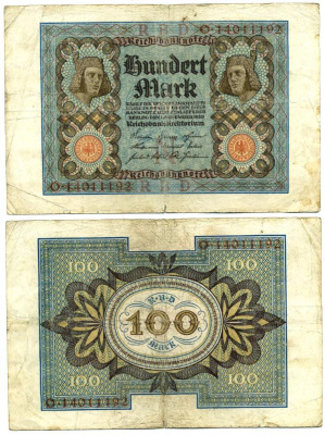 Германия 100 марок 1920 Бамбергский всадник, 8 цифр в номере Pick 69 b, Розенберг 69b бумага 3295-118-2-1