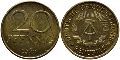 ГДР 20 пфеннигов 1969 А, первый год KM 11 латунь UNC 4397-532