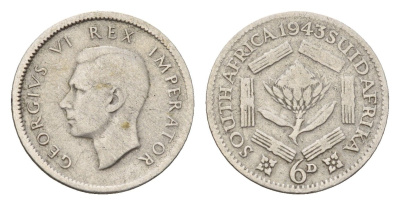 ЮАР 6 пенсов 1943 Георг VI (1936-1952) KM 27 серебро 4564-527