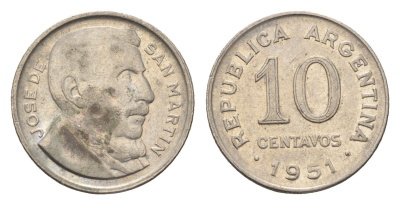 Аргентина 10 сентаво 1951 генерал Хосе де Сан Мартин KM 47 медно-никель 4664-546