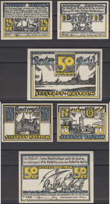 Росток полный набор из 3 нотгельдов (10, 25 и 50 пфеннигов) 1922 Grabowski 1138.1 бумага UNC (пресс) 7556-10-2-1