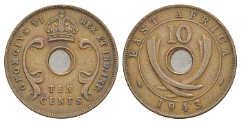 Британская Восточная Африка 10 центов 1943 Георг VI (1936-1952) KM 26 бронза 4645-943