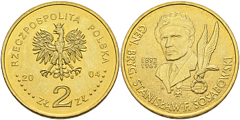 Польша 2 злотых 2004 MW, бригадный генерал Станислав Сосабовский (1892-1967) KM 499 нордик UNC 4676-143