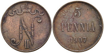 Россия для Финляндии 5 пенни 1907 Николай II (1894-1917) KM 15, Биткин 448 медь 259-1137