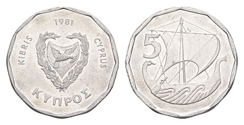 Кипр 5 милей 1981 год-тип KM 50.1 алюминий UNC 4649-1156