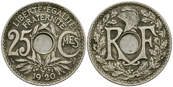 Франция 25 сантимов 1920 тип Линдайё KM 867a медно-никель 4171-1136