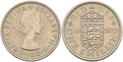 Великобритания 1 шиллинг 1956 Елизавета II (1952-2022), Английский герб KM 904, Spink 4147 медно-никель 4591-657