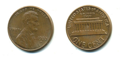 США 1 цент 1980 D, Авраам Линкольн KM 201 медь цинк 46-615