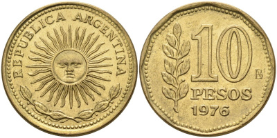 Аргентина 10 песо 1976 Ba, майское солнце KM 72 алюминиевая бронза 4593-1024