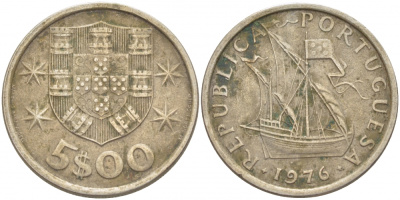 ПОРТУГАЛИЯ 5 ЭСКУДО 1976 ПАРУСНИК KM 591 медно-никель 87-925