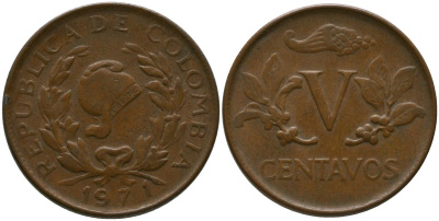 Колумбия 5 сентаво 1971 KM 206a, Schon 27a, Hernandez 384, Restrepo 372.5 сталь плакированная медью 4516-348