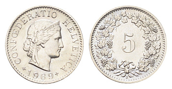 Швейцария 5 раппенов 1969 B KM 26 медно-никель 4705-1259