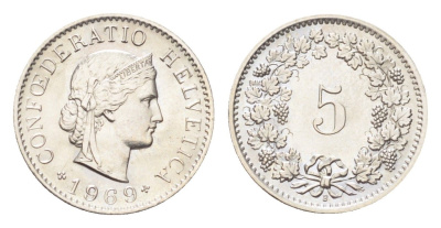 Швейцария 5 раппенов 1969 B KM 26 медно-никель 4705-1259