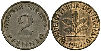ФРГ 2 пфеннига 1967 J KM 106 бронза 4173-1143