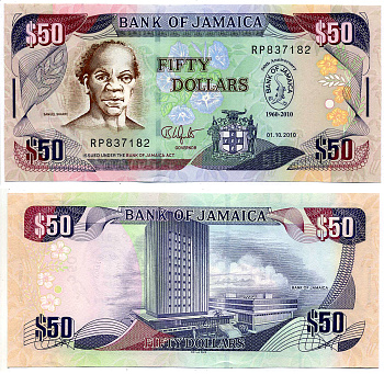 Ямайка 50 долларов 2010 1 октября 2010, 50 лет банку Ямайки (1960-2010), юбилейная, подпись 13, с водяным знаком, Самуэль Шарпе Pick 88 бумага UNC (пресс) 2197-23-1-2