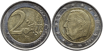 БЕЛЬГИЯ 2 ЕВРО 2006 АЛЬБЕРТ II KM 231 биметалл 4390-1127