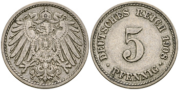 Германия 5 пфеннигов 1908 A KM 11, Jager 12, Weege 6 медно-никель 4364-4534