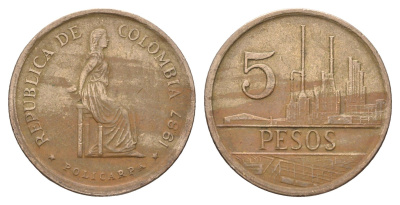 Колумбия 5 песо 1987 KM 268 бронза 4663-443