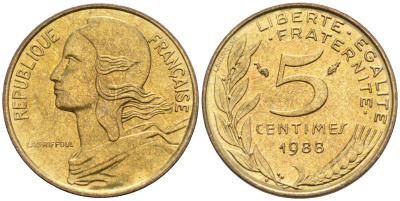 Франция 5 сантимов 1988 тип Марианна KM 933 никель алюминий медь    4594-1145