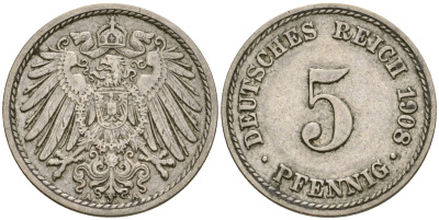 Германия 5 пфеннигов 1908 A KM 11, Jager 12, Weege 6 медно-никель 4364-4534