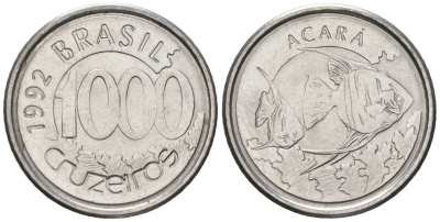 Бразилия 1000 крузейро 1992 реформа 1990-1993, рыбка Акара KM 626 нержавеющая сталь aUNC 192-133