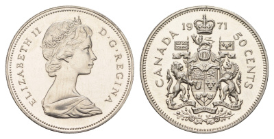 Канада 50 центов 1971 Елизавета II (1952-2022), герб KM 75.1 никель PROOF-LIKE (BU) 603-522