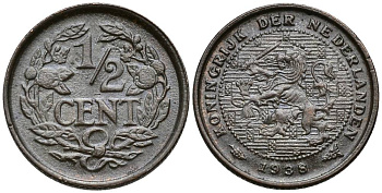НИДЕРЛАНДЫ 1/2 ЦЕНТА 1938 ВИЛЬГЕЛЬМИНА I (1890-1948) KM 138 бронза 4549-1029