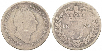 Великобритания 3 пенса 1834 Вильгельм IV (1830-1837) KM 710, Spink 3838 серебро 1515-2231