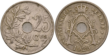 Бельгия 25 сантимов 1926 KM 69 медно-никель 4165-413