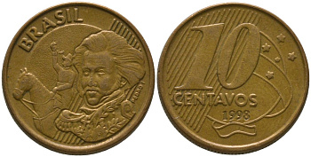 Бразилия 10 сентаво 1998 KM 649, Schon 157 сталь плакированная бронзой 4523-623