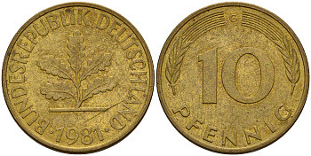 ФРГ 10 пфеннигов 1981 G J. 383, KM 108 сталь плакированная латунью    4603-457