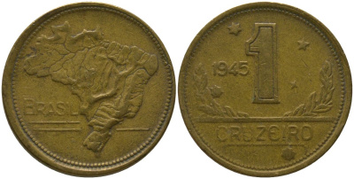 Бразилия 1 крузейро 1945 KM 558 алюминиевая бронза 4577-337