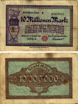 КЁЛЬН 10000000 МАРОК 1923 9 АВГУСТА 1923, СЕРИЯ В, НОТГЕЛЬД бумага 6279-17-1