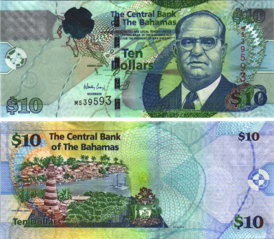 Багамские острова 10 долларов 2009 сэр Стафорд Санс Pick 73А бумага UNC (пресс) 451-5-1