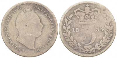Великобритания 3 пенса 1834 Вильгельм IV (1830-1837) KM 710, Spink 3838 серебро 1515-2231
