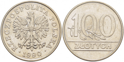 Польша 100 злотых 1990 MW, Демократическая Республика KM 214, Parchimowicz 602 медно-никель UNC 4517-836