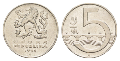 Чехия 5 крон 1993 чешский лев, Карлов мост KM 8 сталь плакированная никелем 4514-715