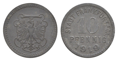 Франкфурт-на-Майне 10 пфеннигов 1919 Funck 136.2, Men05 7947.4, Men18 9918.4 цинк 4643-1033