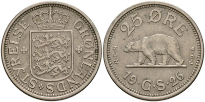 Гренландия 25 эре 1926 NCN; CJ, медведь, датская колония, Кристиан X (1912-1947) KM 5 медно-никель 3711-2115