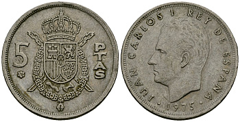 Испания 5 песет 1975 (78) Хуан Карлос I (1975-2014) KM 807 медно-никель 4138-1051