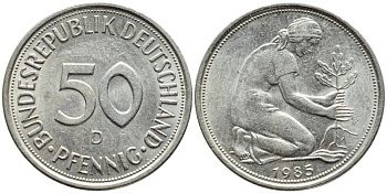 ФРГ 50 ПФЕННИГОВ 1985 D КМ 109.2 J.384a медно-никель 4392-1052