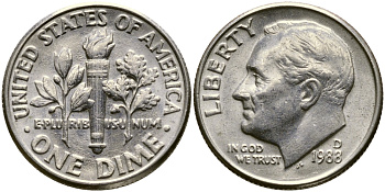 США 10 ЦЕНТОВ = 1 ДАЙМ 1988 D, РУЗВЕЛЬТ KM 195а медь плакированная медно-никелем 46-2421