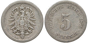 Германия 5 пфеннигов 1876 D, старогербовка KM 3, J. 3 медно-никель 51-3456