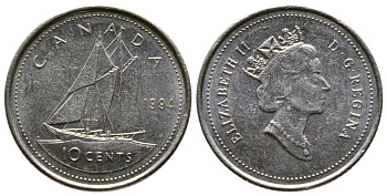 КАНАДА 10 ЦЕНТОВ 1994 ПАРУСНИК, ЕЛИЗАВЕТА II KM 183 никель 179-649